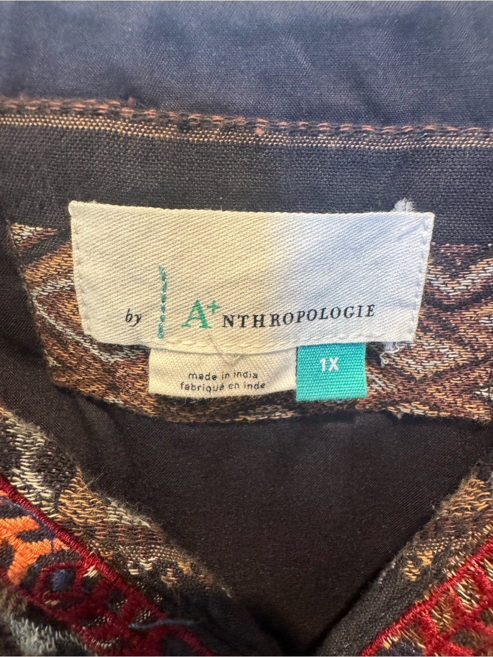 Anthropologie Textured Boho Print V-Neck Tunic Dress - Black with Rust Size 1X - Picture 2 of 16
